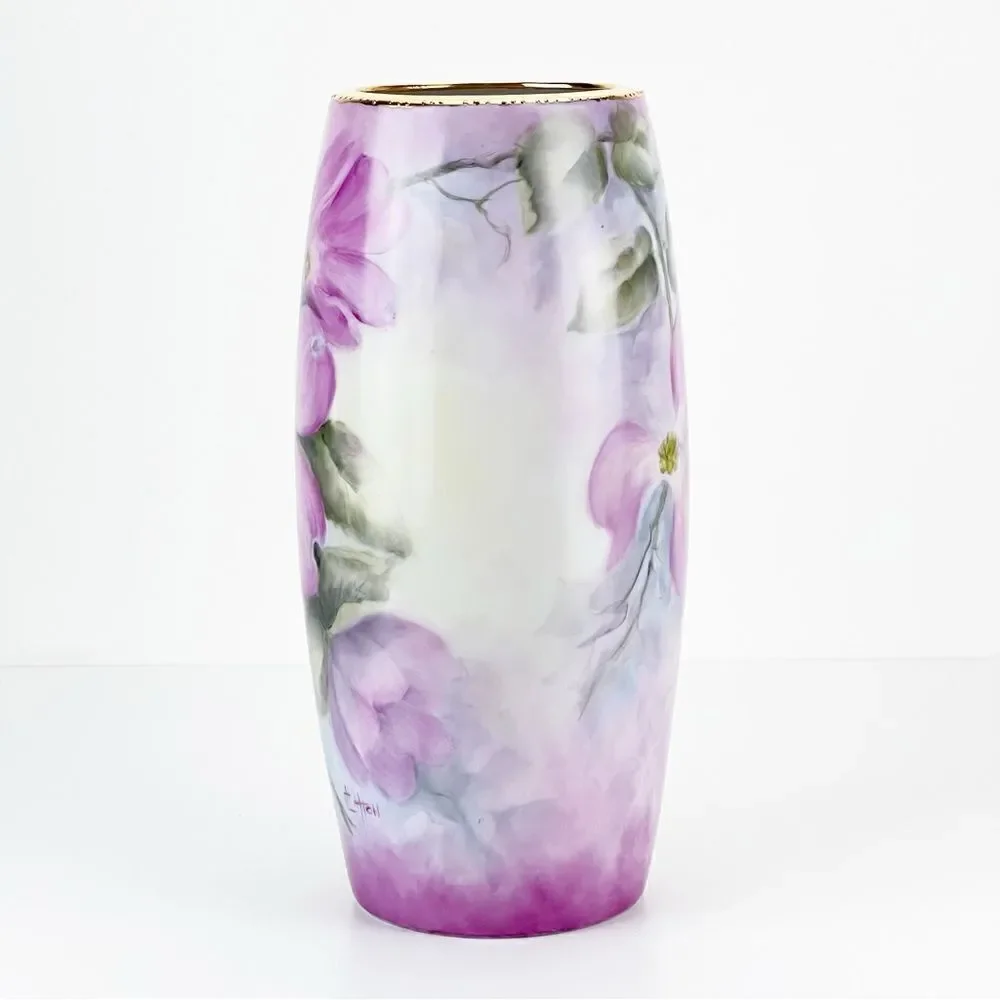 International Porcelain Art Teachers Hand Painted Pink Flowers Floral Vase - Picture 2 of 12